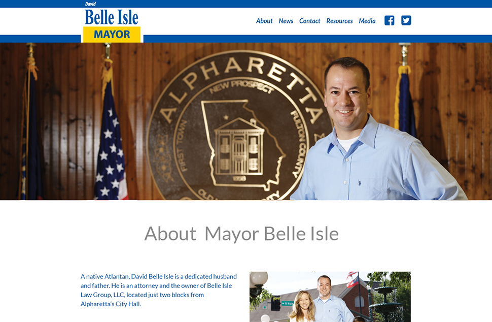 A blue and white web page with a banner of a man in front of a bronze seal and flags