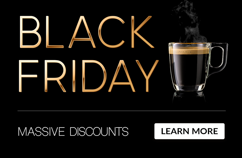 An image with gold text and reflective gold font. Also a cup of coffee and font reads 'Black Friday'