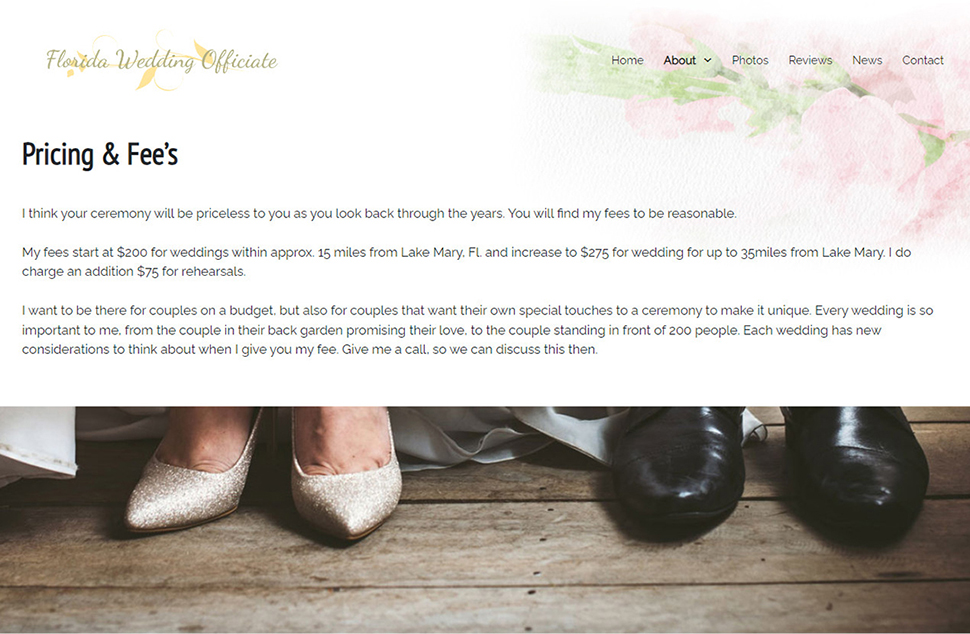 A light web page layout with water colored flowers at the top and a banner below text. The banner has a picture of a brides shoes and grooms shoes.