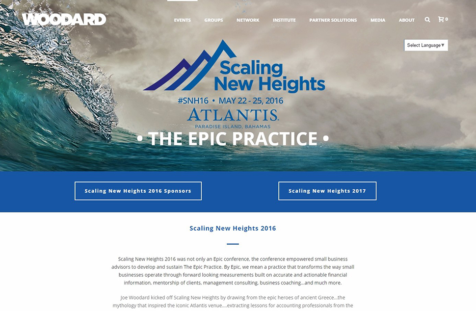 A large blue wave and a blue logo graphic above a blue and white web page layout