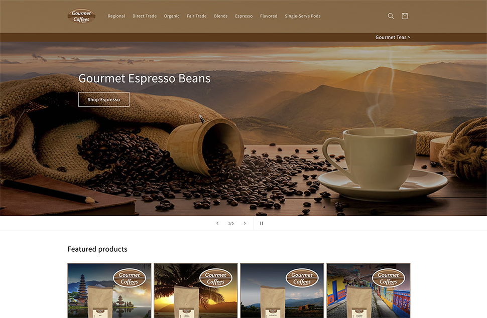 Mostle brown and white layout of a webpage - product pictures at the bottom and a large banner showing coffee beans spilled out of a bag and a cup.