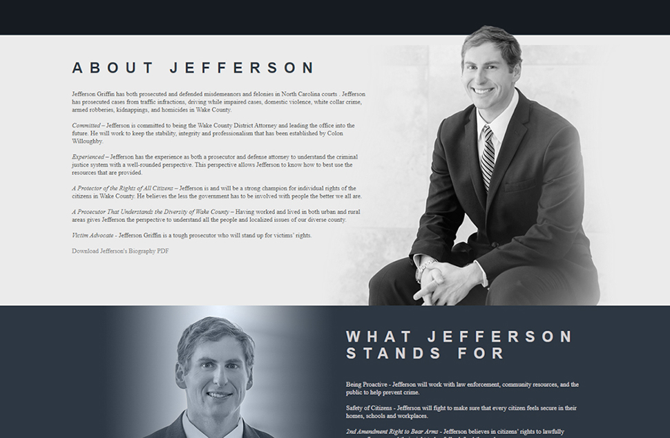 A very clean webpage layout of a man sitting in a suit next to text.