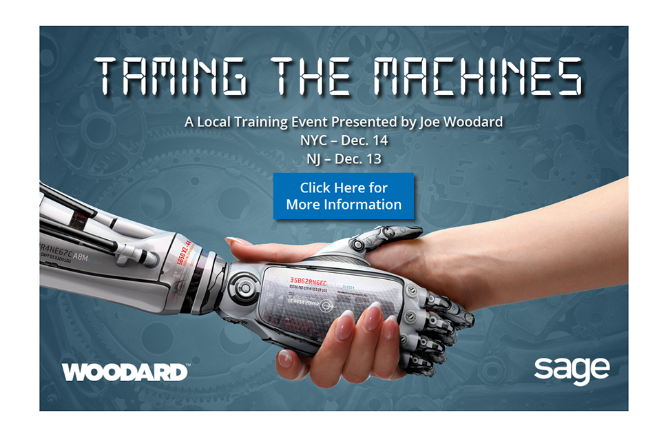 A hand shaking a robot's hand and the text above reads 'Taming the Machines'