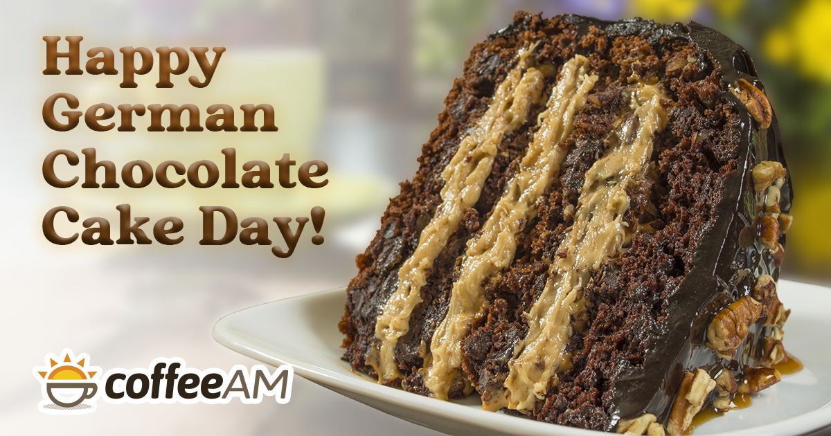 A large slice of german chocolate cake with a faded background - text reads 'Happy German Chocolate Cake Day'