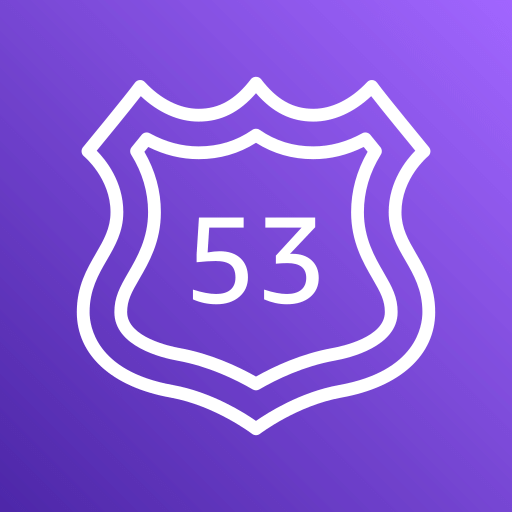 purple square with white line art that depicts a road sign with number 53