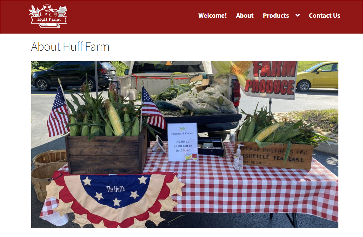 a red banner with some text and a logo above a white area with some more text and a picture of a booth with farm produce
